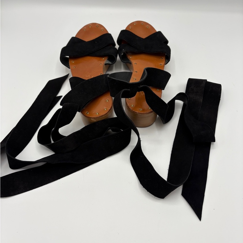 Eva Credo Size 8 Luxury Black Brown Suede Wood Boho w 25” Tie Resort Wear